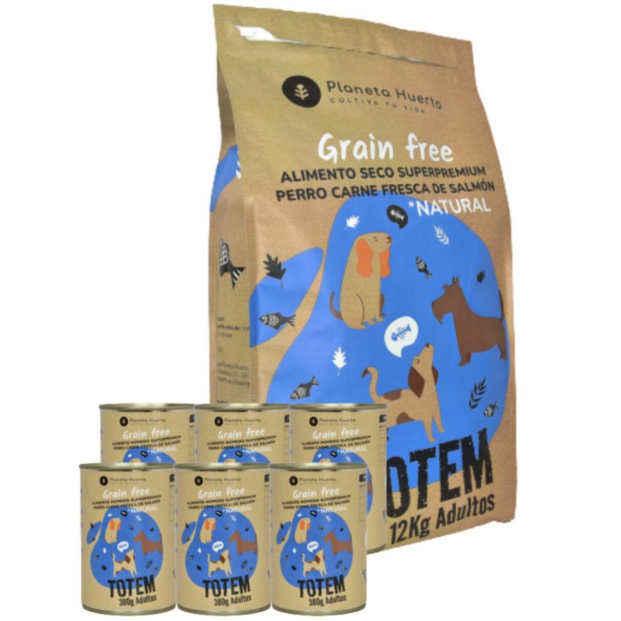 PLANETA HUERTO | Pack Pienso y Comida Húmeda Superpremium para Perros – 12 kg Pienso Grain Free + 6 Latas Salmón, Nutrición Completa Sin Cereales