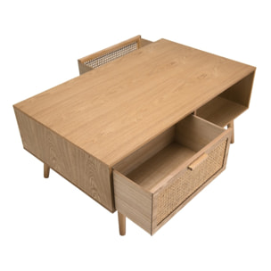 RODRIGO - Table basse couleur naturelle 2 tiroirs 1 niche bois cannage