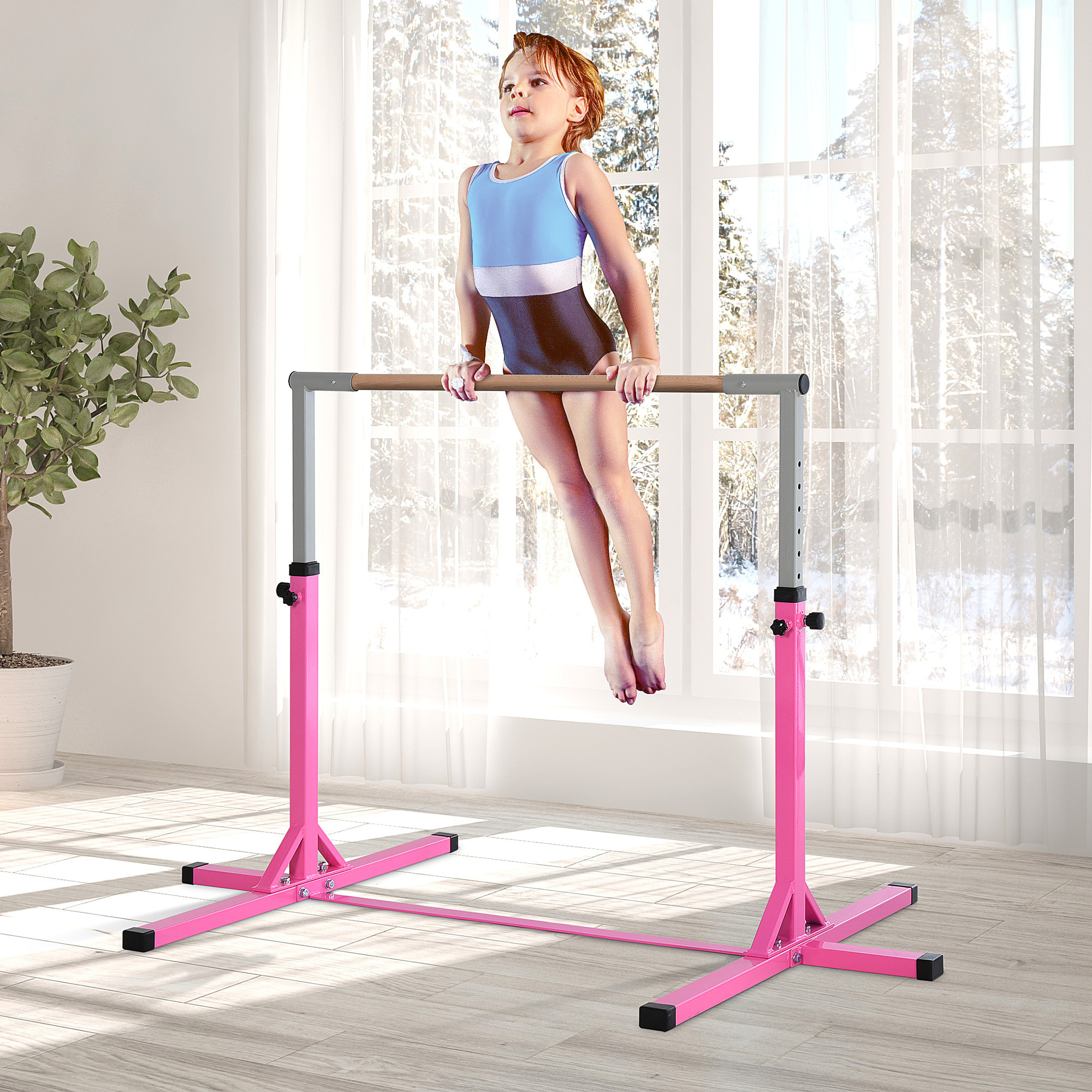 Barra de Gimnasia para Niños de +3 Años Barra de Entrenamiento con Altura Ajustable 92-150 cm Barra Horizontal de Gimnasia Carga 75 kg 197x121x150 cm Rosa