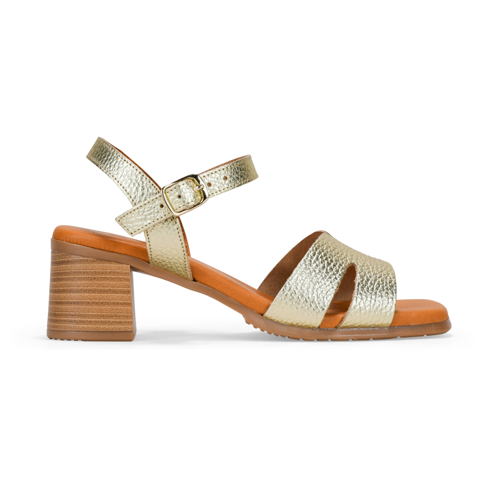 Sandalias de tacón doradas en piel con pulsera
