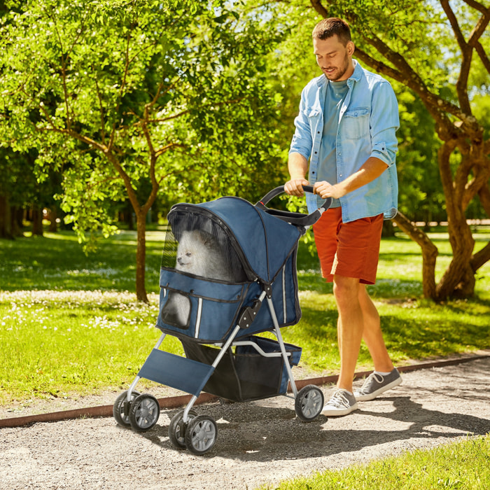 Carrito para Perros Plegable Cochecito para Mascotas Carrito para Perros Pequeños con Toldo Ajustable Cesta de Almacenaje Ventanas de Malla Portavasos y 2 Ruedas 75x45x97 cm Azul Oscuro