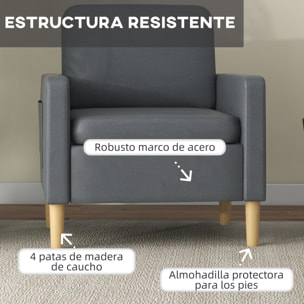 Butaca de Salón Sillón Relax con 2 Bolsillos Laterales Reposabrazos Asiento Acolchado y Patas de Madera Sofá Individual de Moderno para Dormitorio 73x79x87 cm Gris