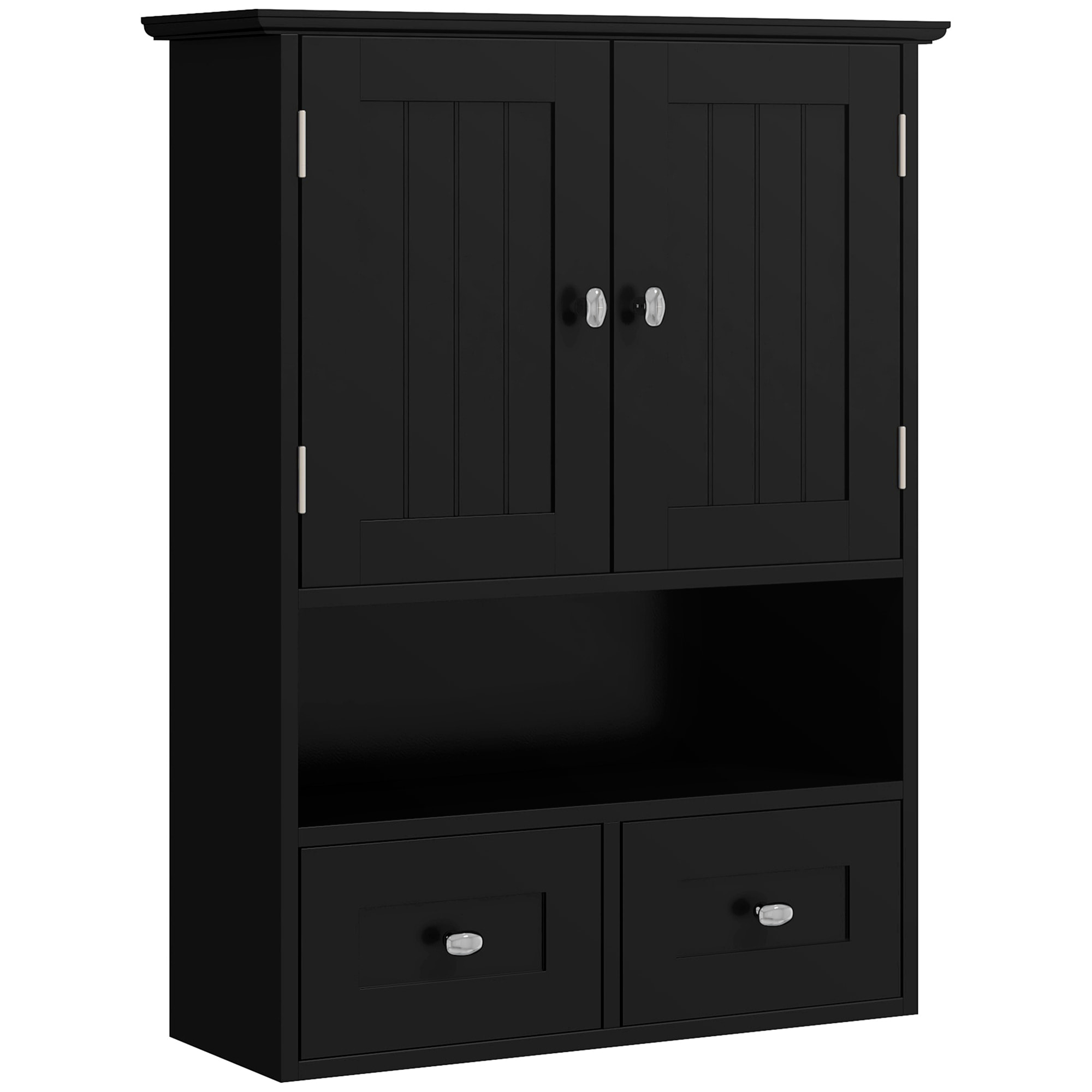 Armario de Baño de Pared, Armario Colgante, Mueble Suspendido de Baño, 2 Puertas con Cierre Magnético, 2 Cajones y Estante Abierto, para Cocina, Lavadero, 50,8x17,8x66 cm, Negro