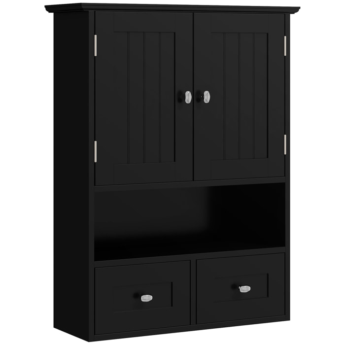 Armario de Baño de Pared, Armario Colgante, Mueble Suspendido de Baño, 2 Puertas con Cierre Magnético, 2 Cajones y Estante Abierto, para Cocina, Lavadero, 50,8x17,8x66 cm, Negro
