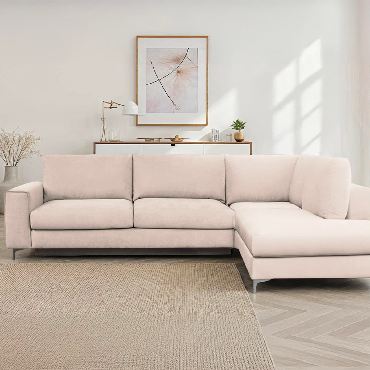 Canapé d'Angle Droit Velours Fiesole, 3 Places, Couchage Intégré, Coffre de Rangement, Housse Déhoussable