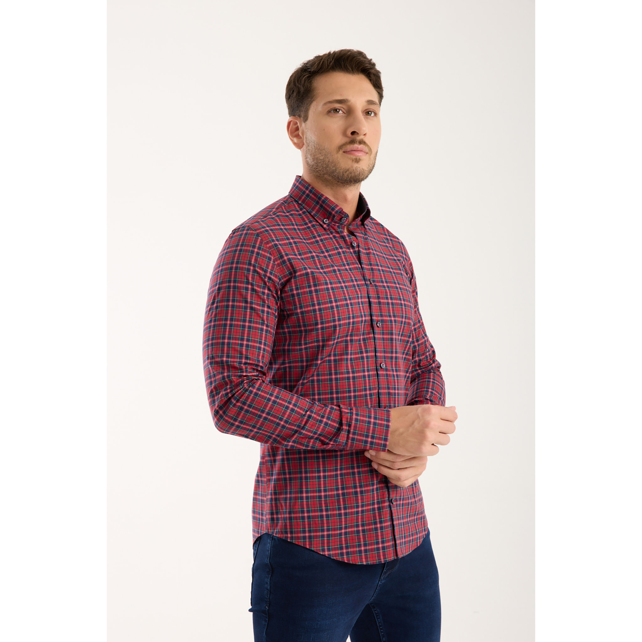 camicia uomo 1 bottone button down slim Popeline Quadro Piccolo Rosso/Blu