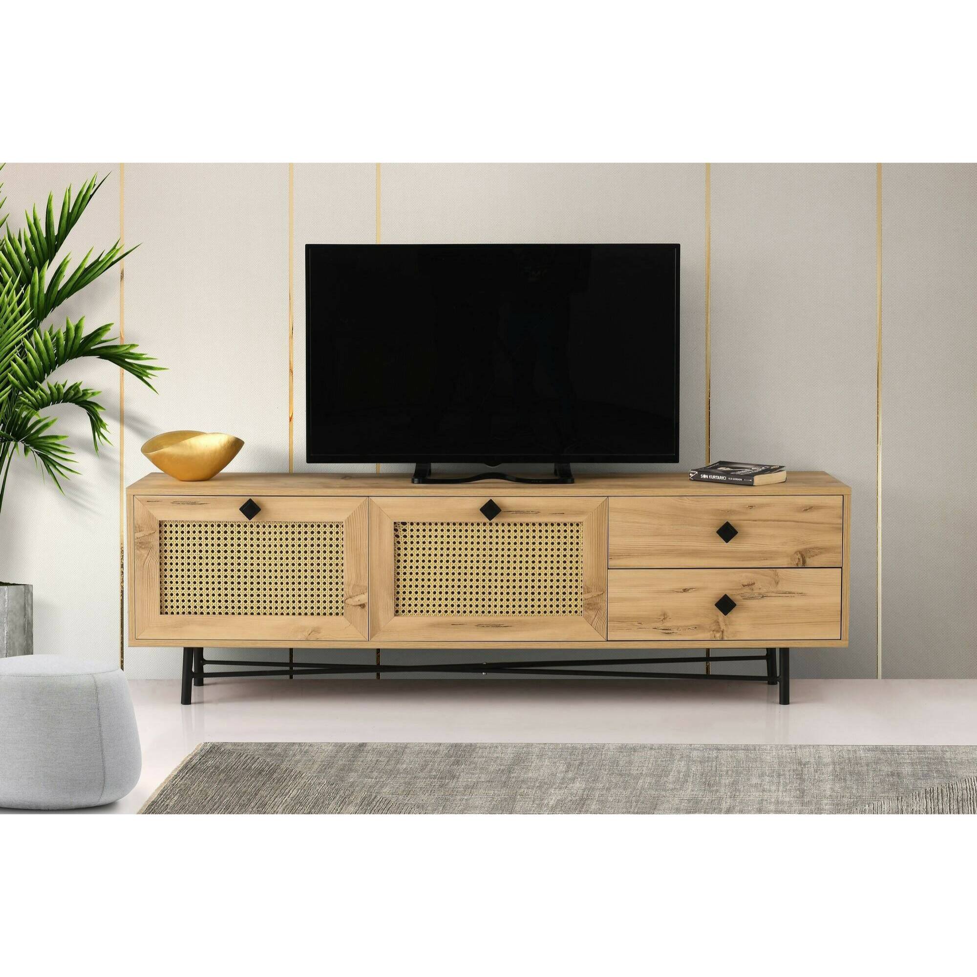 Mobile porta TV Dmarchin, Credenza da soggiorno, Armadio basso per TV, Base parete attrezzata, 180x40h60 cm, Quercia e Nero