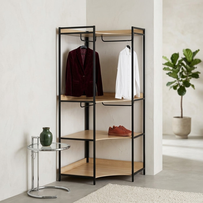 Module dressing d'angle décor bois et métal 4 penderies 2 étagères CLEVER