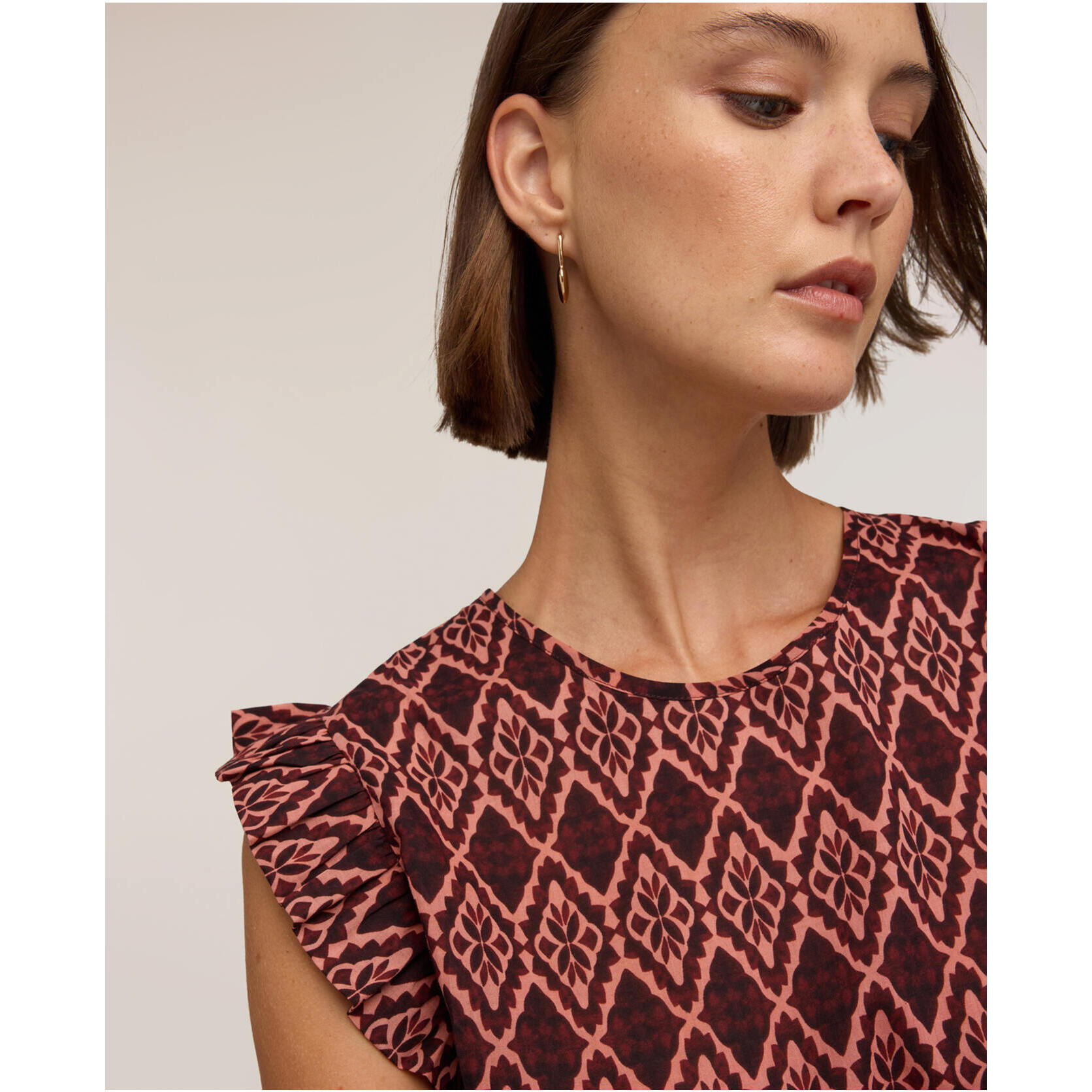 Motivi - Blusa in voile di cotone con stampa e volant - Bordeaux