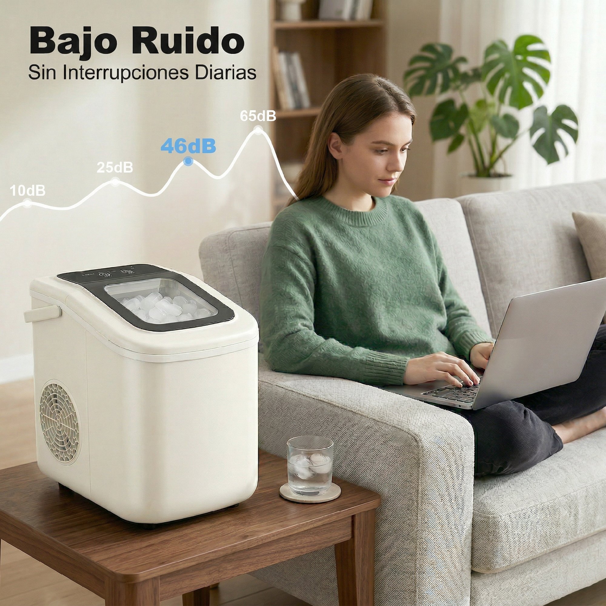 Máquina de Hielo, Máquina de Cubitos de Hielo Autolimpiable, 12 kg/24H, 9 Cubitos Listos en 7 Minutos, 2 Tamaños de Hielo, 1,2L Depósito, para Hogar, Cocina, Oficina, Bar, Beige