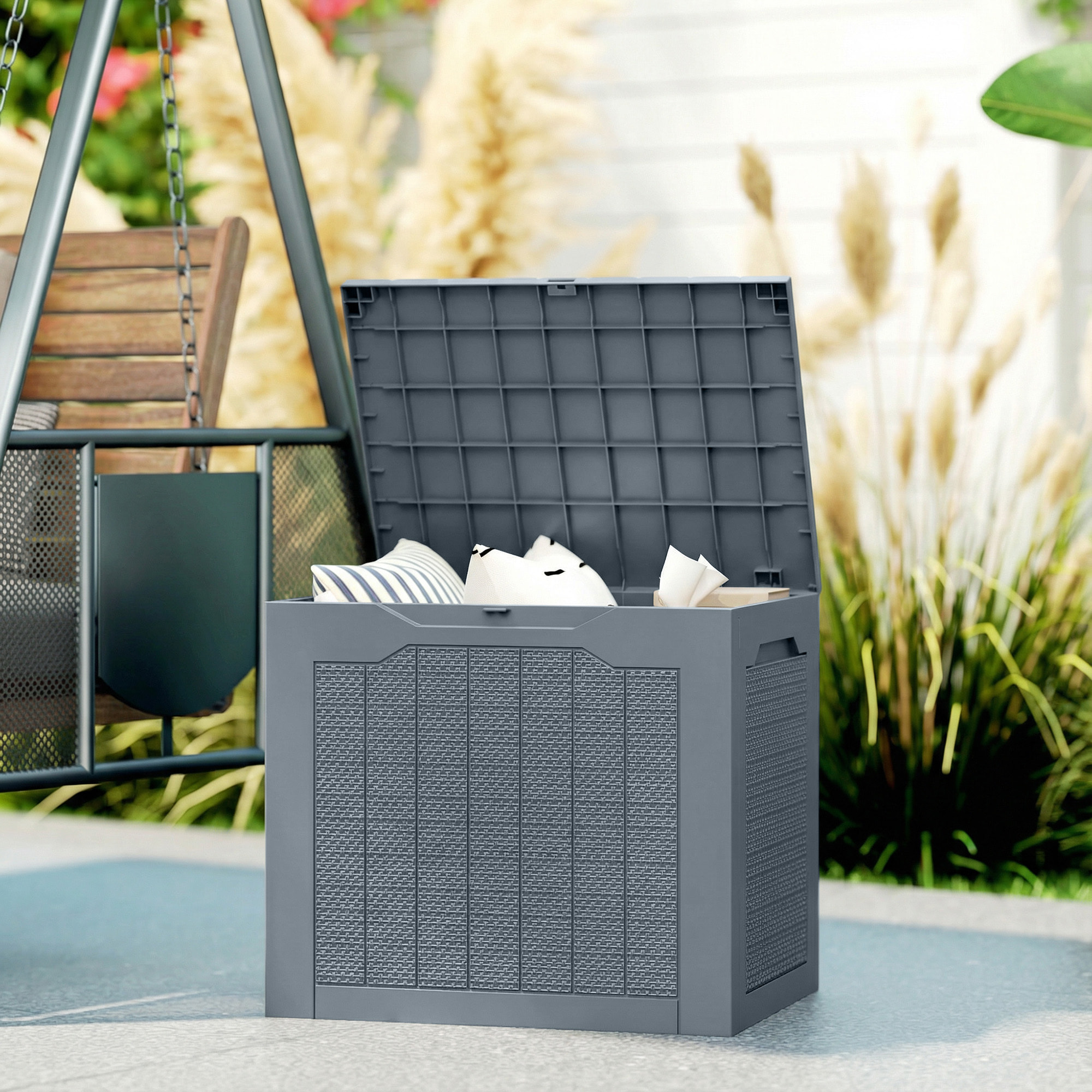 Coffre de jardin 93L dim. 56 x 41 x 50 cm effet rotin et bois gris