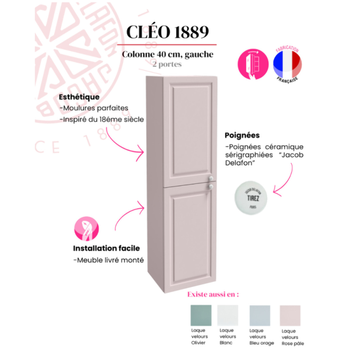 Colonne de salle de bain Cléo 1889 rose pâle velours version gauche
