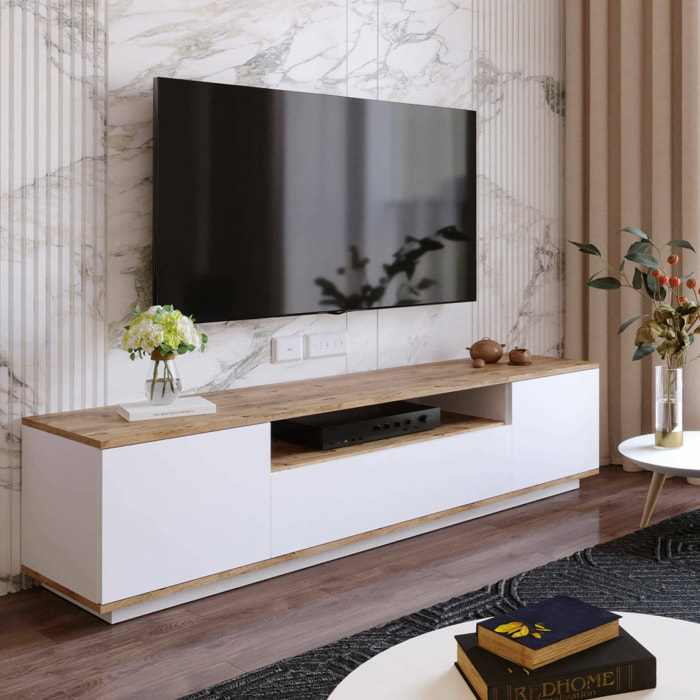 Mobile porta TV Asellina, Credenza da soggiorno, Armadio basso per TV, Base parete attrezzata, 180x45h45 cm, Quercia e Bianco