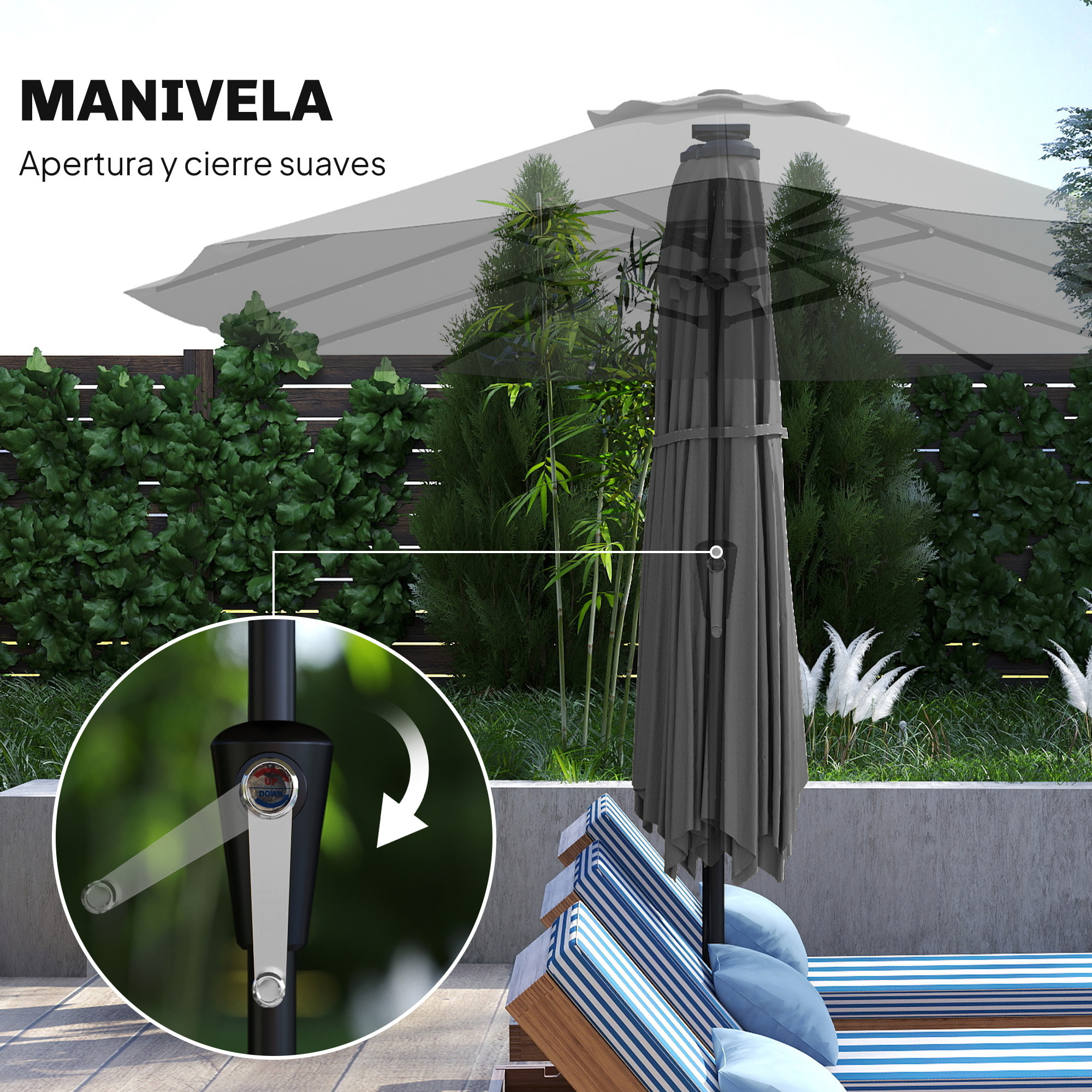 Sombrilla Doble con 36 Luces LED Solares, 4x2 m, Sombrilla Terraza Exterior con Manivela, UPF50+, 12 Varillas, Resistente al Agua, Parasol para Jardín, Terraza, Patio, Gris Oscuro