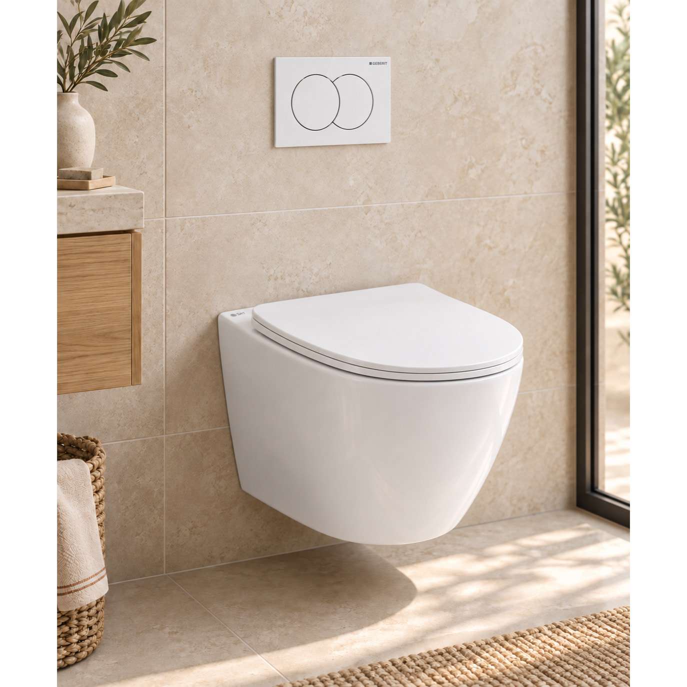 Pack WC sans bride Infinitio, fixations invisibles + Abattant softclose slim + Bâti support Geberit UP100 + Plaque blanche