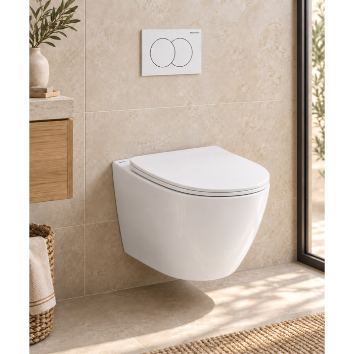 Pack WC sans bride Infinitio, fixations invisibles + Abattant softclose slim + Bâti support Geberit UP100 + Plaque blanche