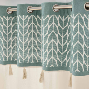 Rideau tamisant à œillets en polycoton jacquard avec pompons - Vert