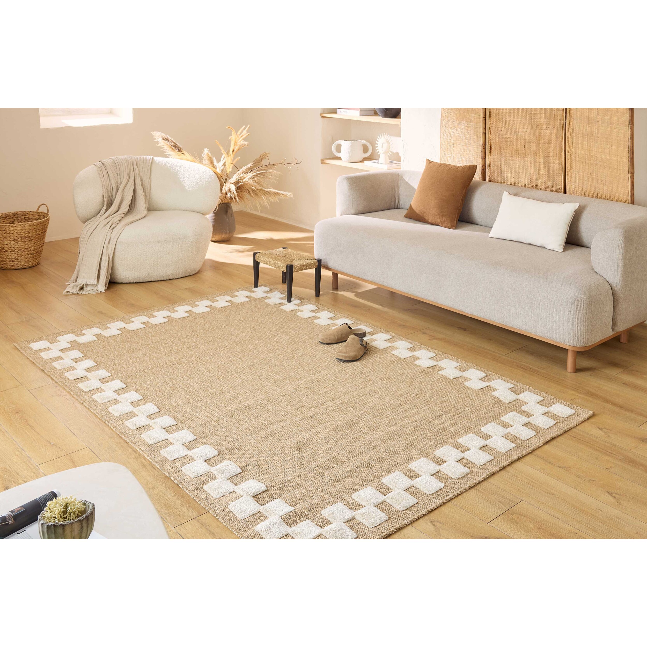 PALMA - Tapis aspect jute à motif carré en relief - Blanc