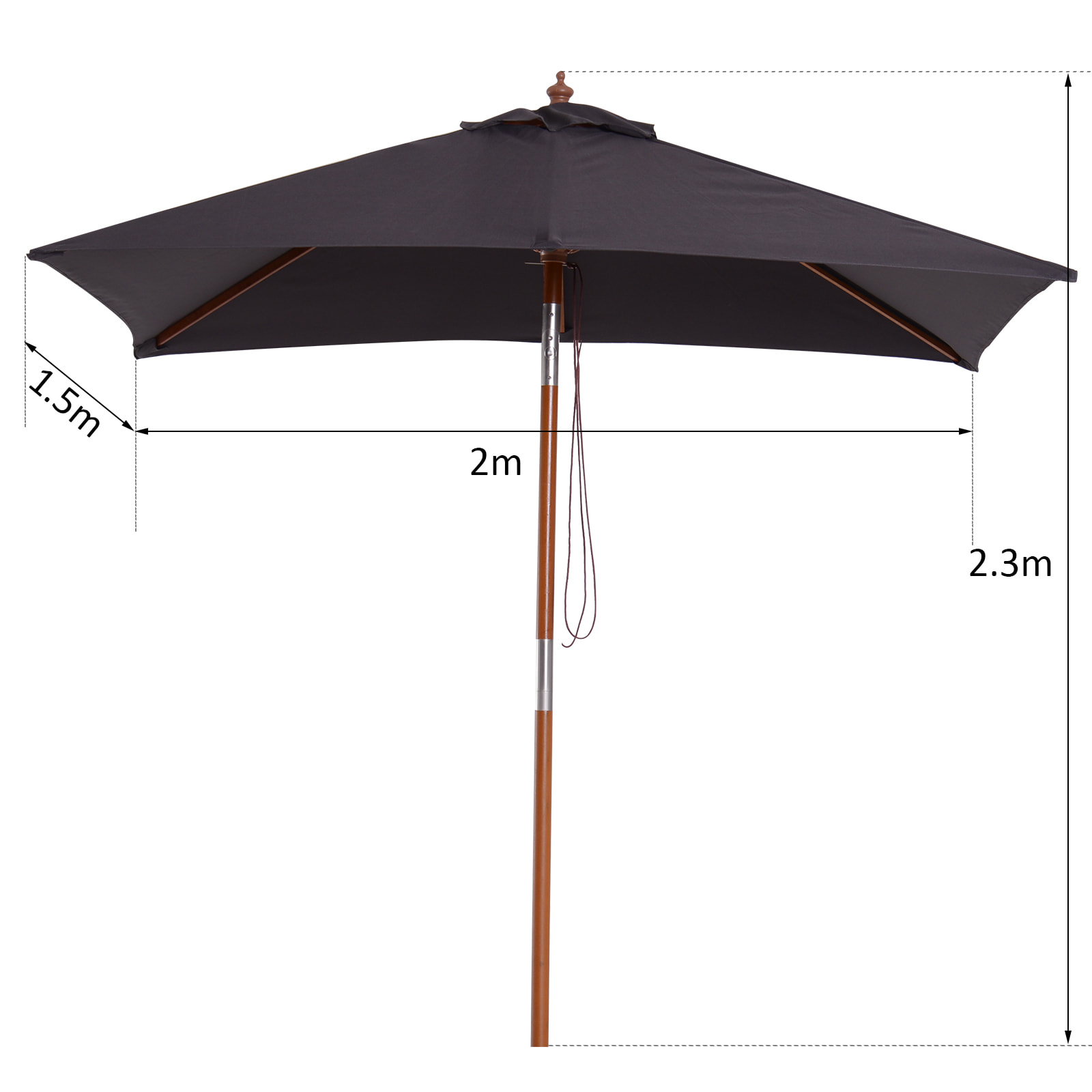 Parasol rectangulaire inclinable bois polyester haute densité 2L x 1,5l x 2,3H m gris foncé