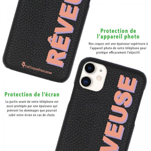 Coque iPhone 11 effet cuir grainé noir Rêveuse corail et parme Design La Coque Francaise