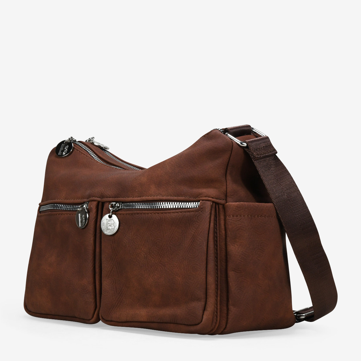 Bolso bandolera marrón con bolsillos y doble cremallera