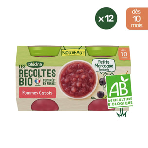 24 Petits Pots Pommes, Cassis Petits Morceaux 12x(2x130g) - Les Récoltes Bio Dès 10 Mois
