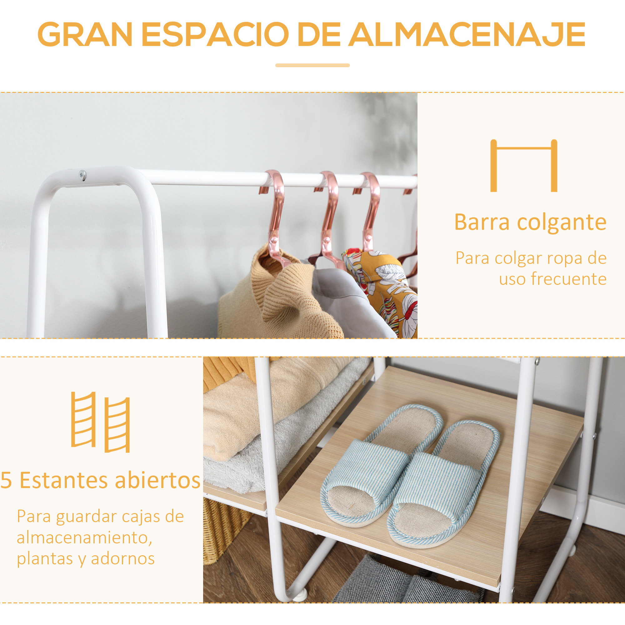 HOMCOM Perchero de Ropa de Madera Perchero Multiusos con 5 Estantes de Almacenaje y Barra para Colgar para Dormitorio Salón Entrada Estilo Industrial 101x39x160 cm Natural