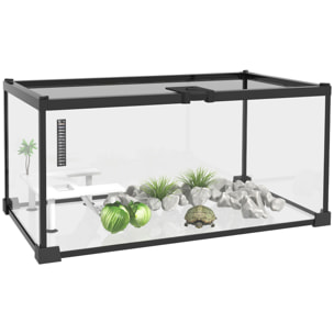 Terrarium en verre - vivarium reptiles & batraciens - habitat tortue - couvercle grillagé coulissant verrouillable - accessoires, thermomètre inclus - métal noir verre