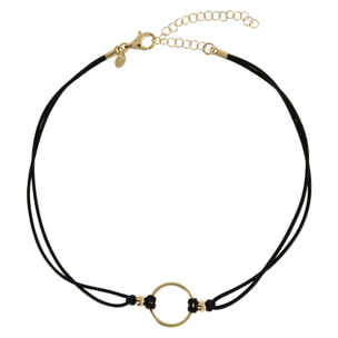 Collana con Cordino Nero e Pendente a Cerchio in Argento 925 Placcato Oro Giallo 18kt