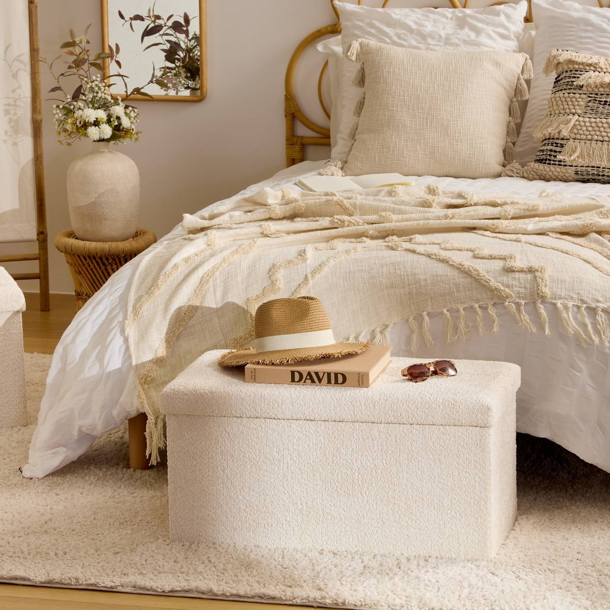 Pouf Pliable Coffre Soana en Bouclette Ivoire 76x38cm