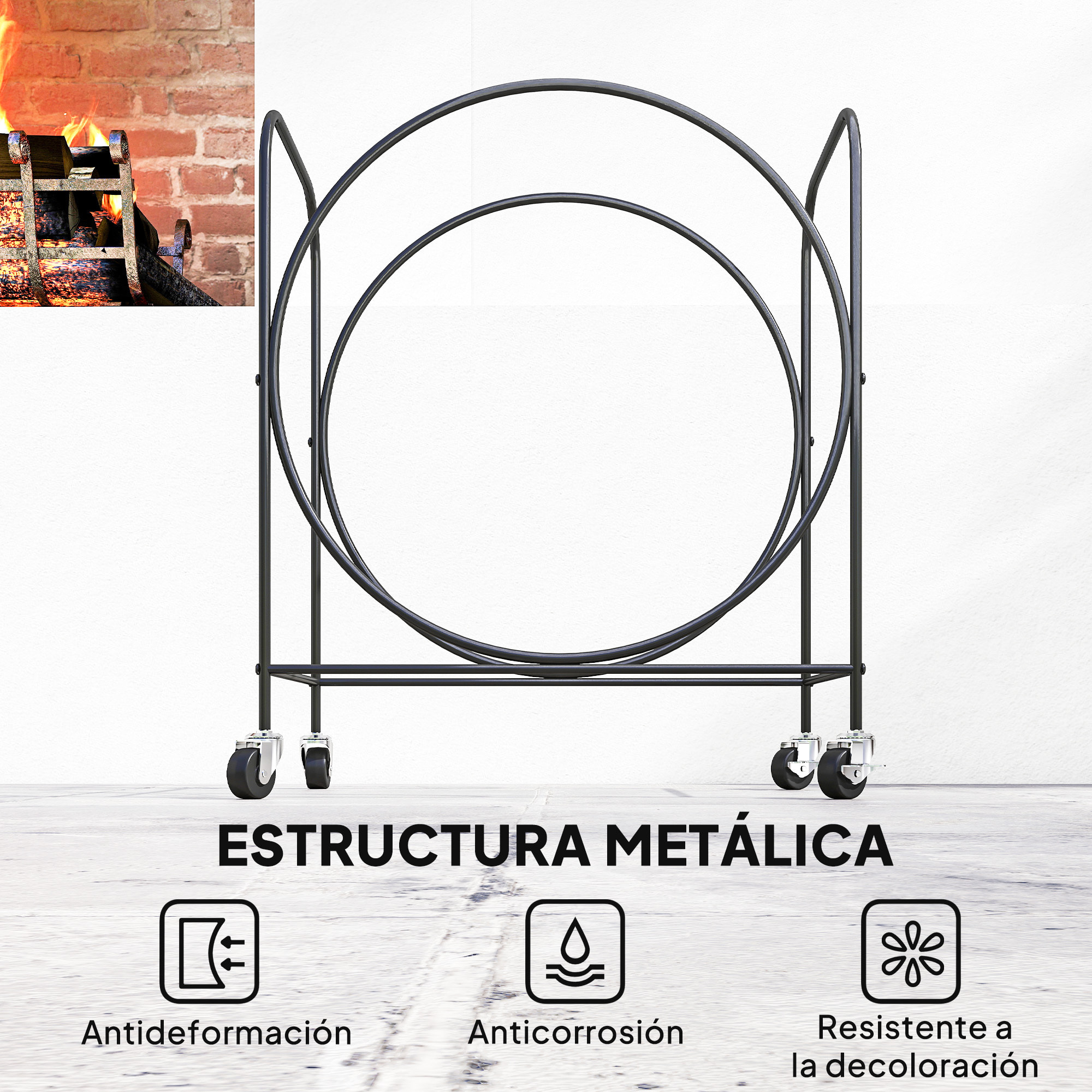 Estante de Leña de Metal con Ruedas, 51x30x60 cm, Leñero Exterior e Interior, Soporte para Leña de Chimenea, Almacenamiento para Madera, Negro