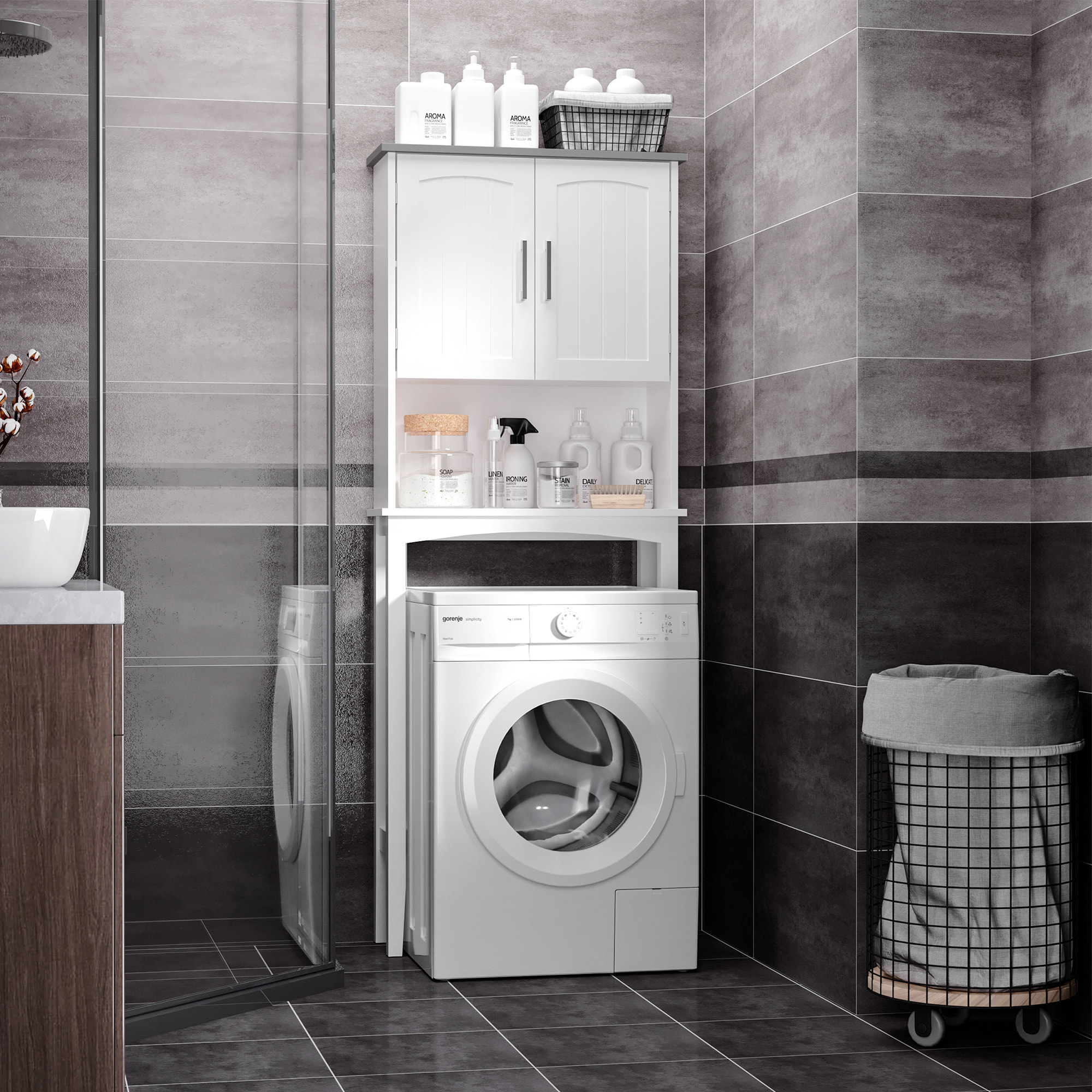 Meuble WC meuble dessus toilettes 2 portes étagère réglable niche dim. 64 x 22 x 165 cm blanc gris