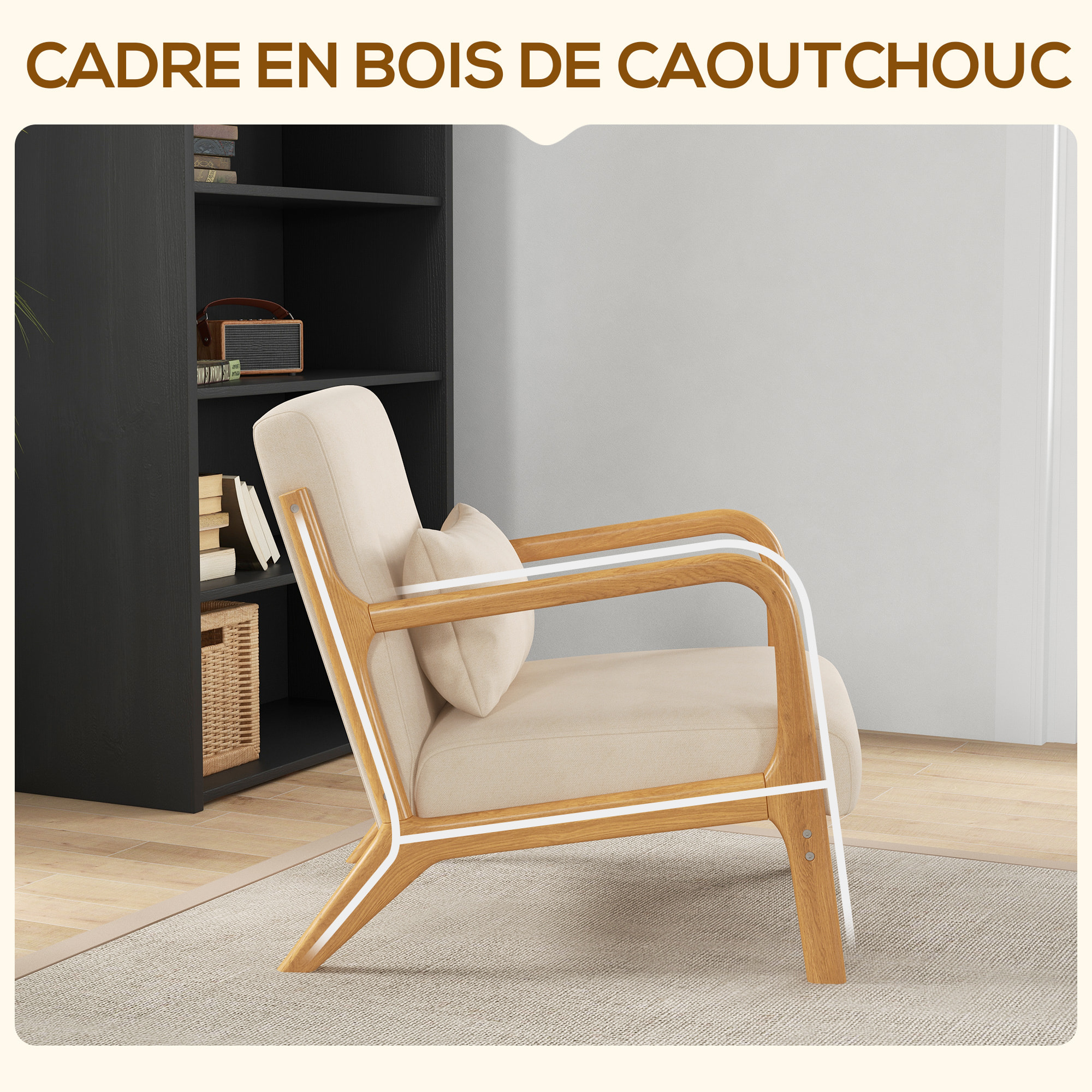 Fauteuil lounge - 3 coussins inclus - assise profonde - accoudoirs - structure bois hévéa - aspect velours beige