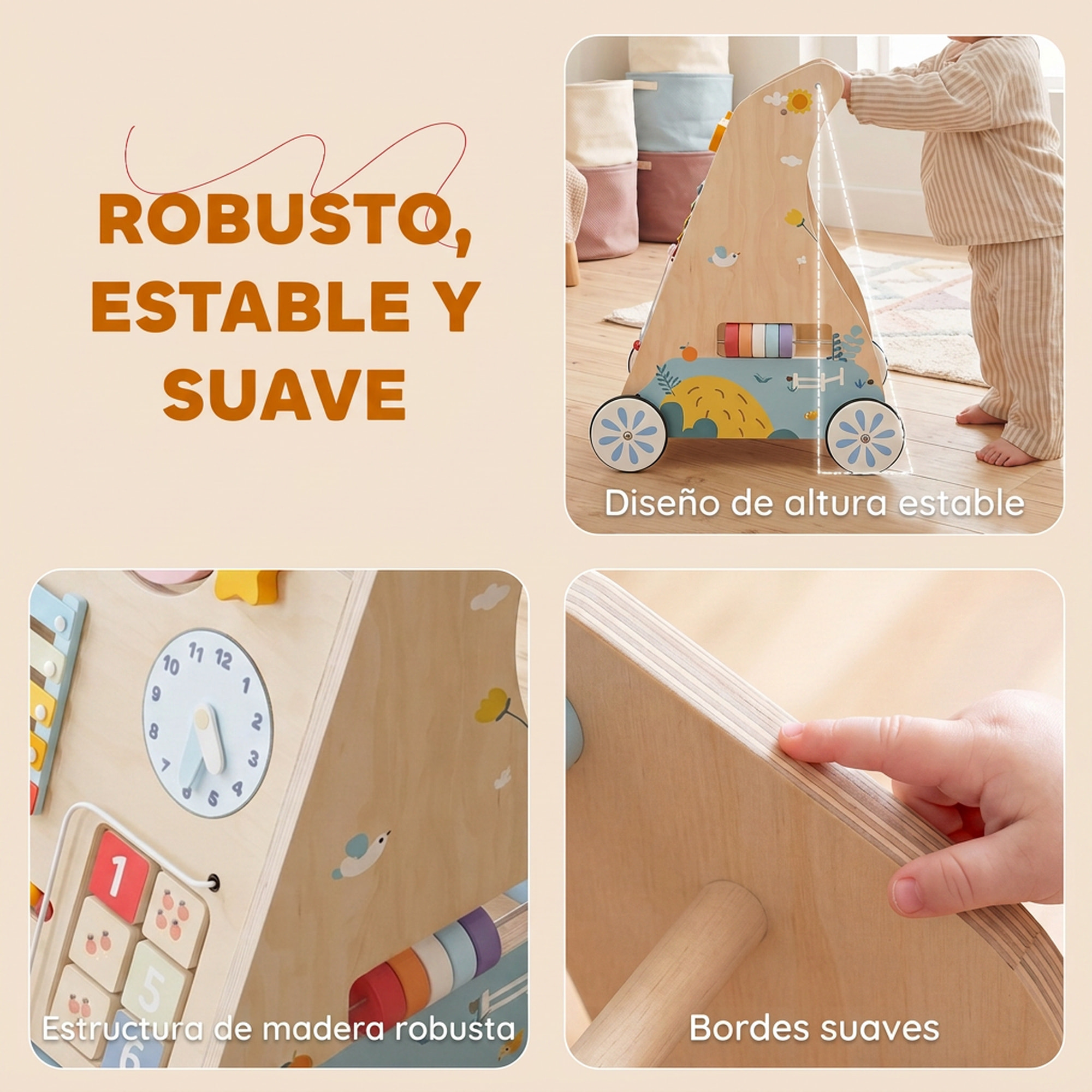 AIYAPLAY Andador Madera Bebé 3 en 1, Caminador Bebé con Juguetes Montessori, Panel Desmontable de Doble Cara, Centro de Actividades con Almacenaje, Ruedas, Niños de 1-3 Años y Altura +75 cm, Natural