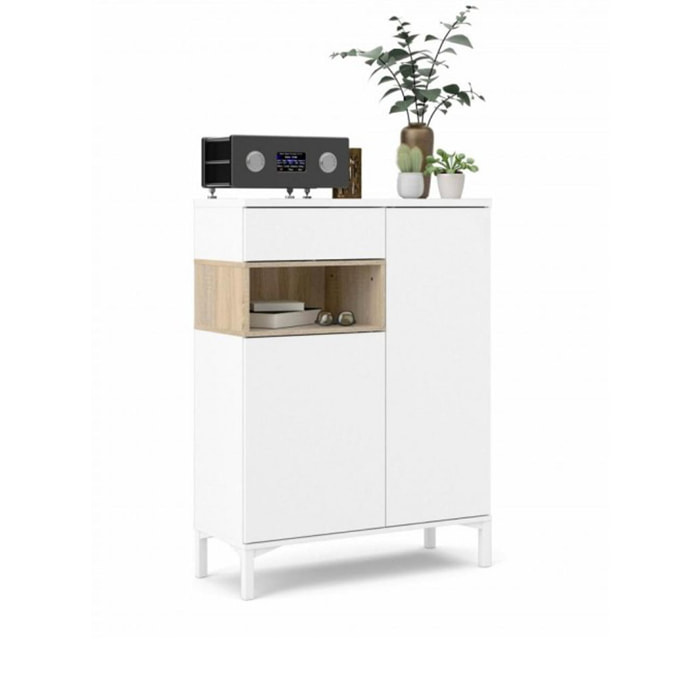 Credenza a due ante e un cassetto, colore bianco con un vano di colore rovere, Misure 88 x 118 x 36 cm