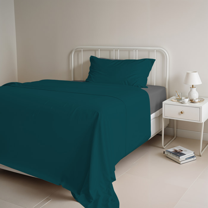 COMPLETO LETTO NATURAL COLOUR MADE IN ITALY COTONE-VERDE PETROLIO/FUMO PIAZZA E MEZZA