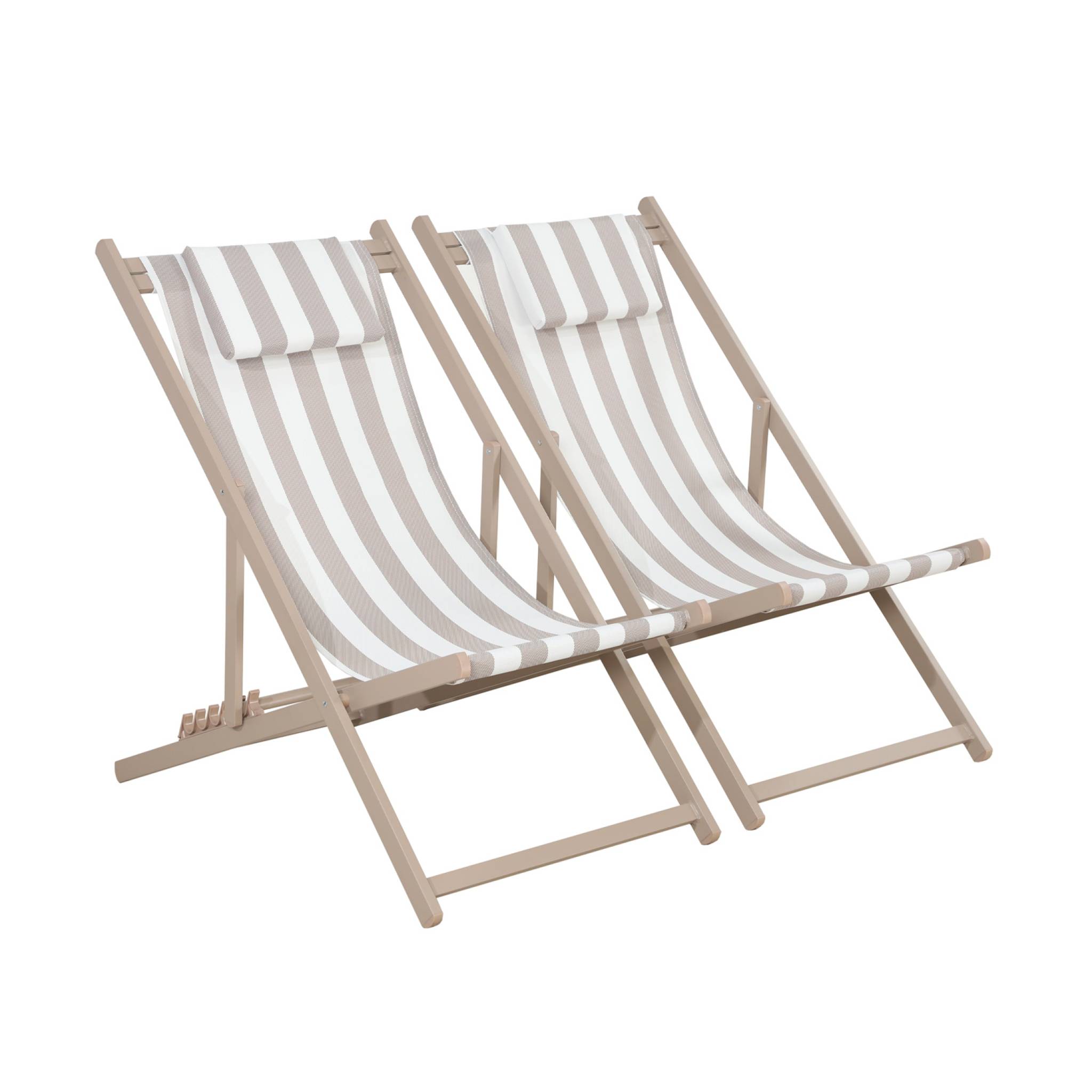 Lot de 2 bains de soleil - Gaia rayures marron - Transat en aluminium gris anthracite et textilene rayures marron avec coussin repose tête. chilienne