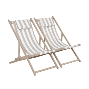 Lot de 2 bains de soleil - Gaia rayures marron - Transat en aluminium gris anthracite et textilene rayures marron avec coussin repose tête. chilienne