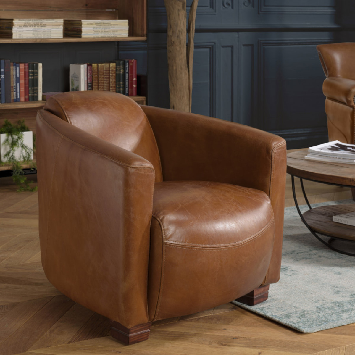 GASTON - Fauteuil marron CHICAGO vintage cuir pieds bois