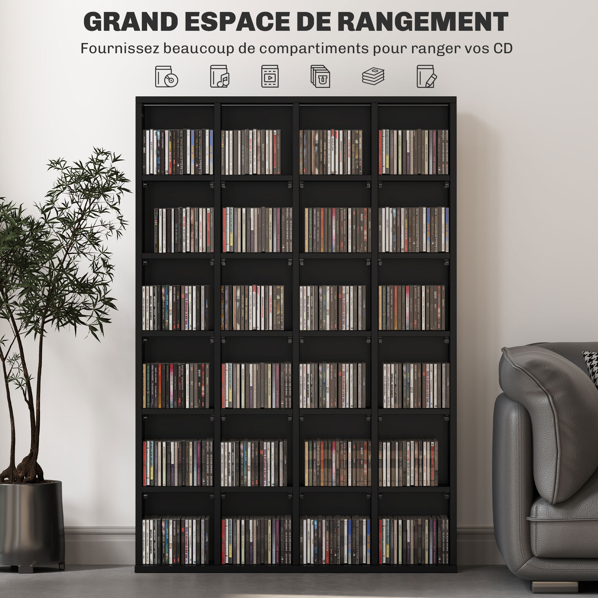 Étagère rangement CD/DVD meuble de rangement pour 480 CDs 24 compartiments réglables en hauteur 89 x 20 x 130 cm noir