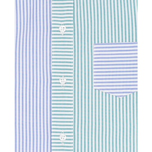 Camisa de manga larga, estampado combinado de rayas azules y rayas verdes. Cuello mao y bolsillo.