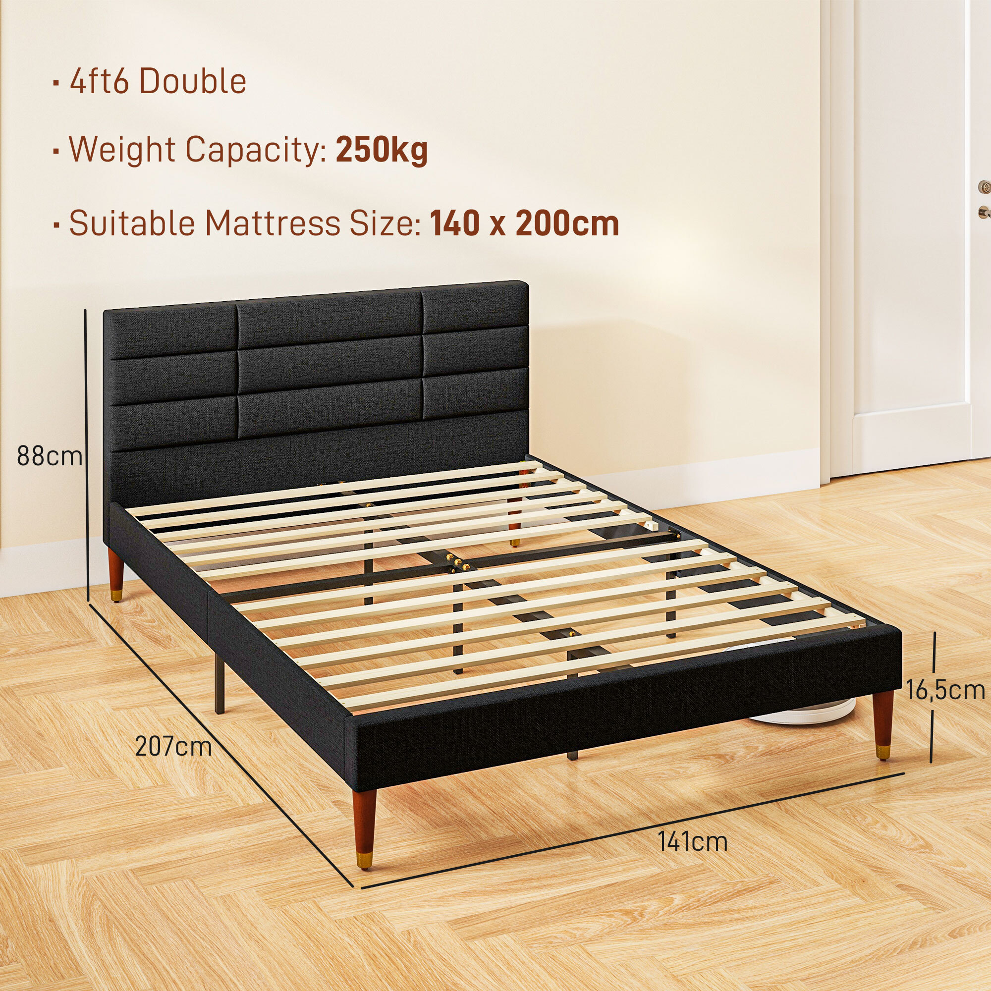 Lit double - tête de lit, pied de lit et sommier - compatible matelas 140 x 200 cm - tissu noir