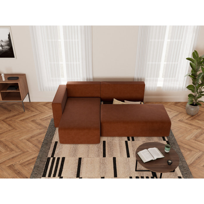 Topaze - canapé d'angle gauche 4 places convertible avec coffre sans accoudoir en velours côtelé - Terracotta