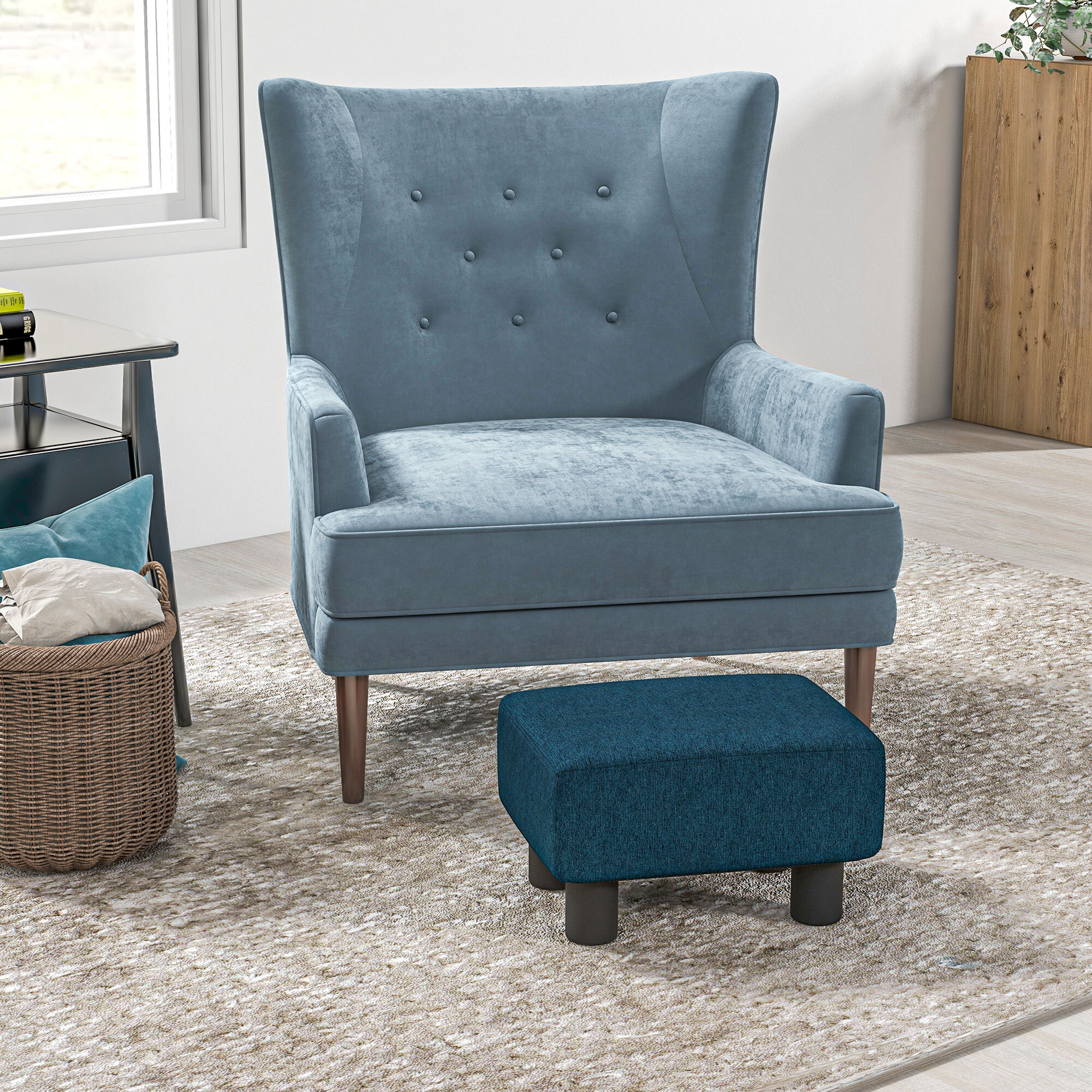 Repose-pied pouf tabouret style contemporain max. 150 Kg tissu bleu foncé chiné