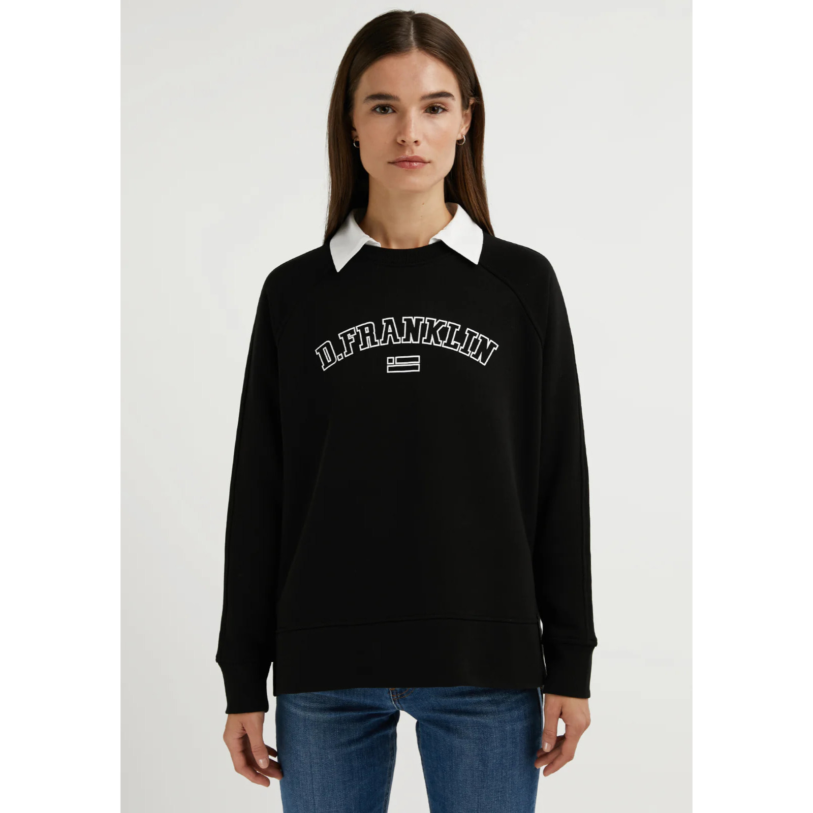 Sudadera de Mujer Varsity Oversized Crew Neck Blanco y Negro D.Franklin