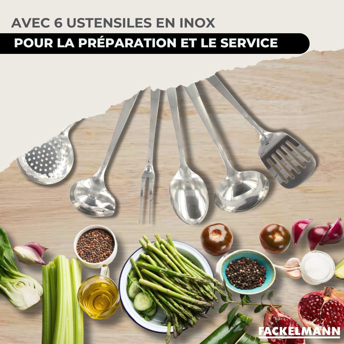 Set 1 poêle,  3 casseroles 12 16 20 cm, 3 faitouts 16, 20 et 24 cm en inox et 6 ustensiles inox Fackelmann Geneva
