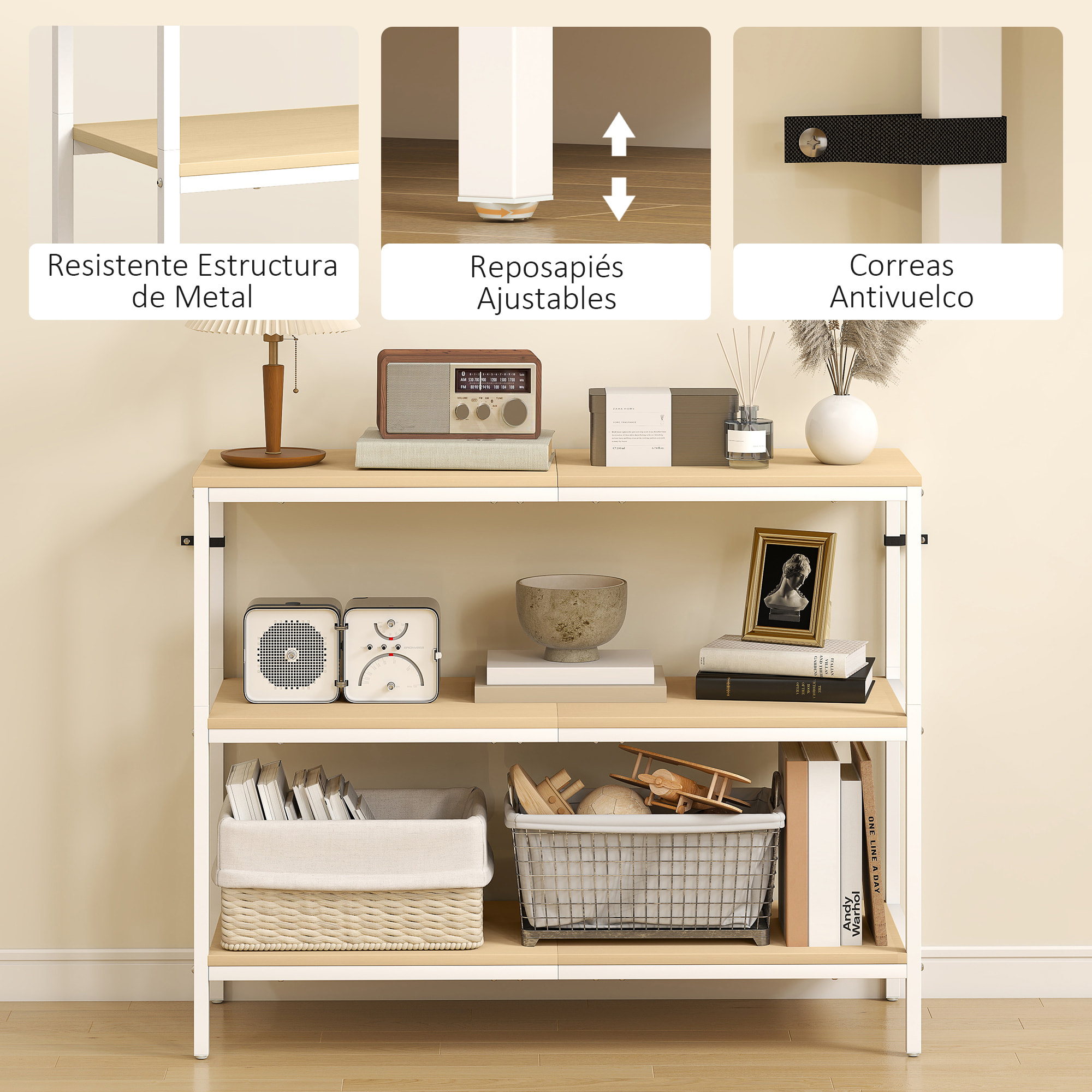 Mesa de Consola Estrecha Consola de Recibidor Mesa de Recibidor Moderna con 3 Estantes Abiertos y Patas de Metal para Pasillo Entrada Salón Dormitorio Natural y Blanco