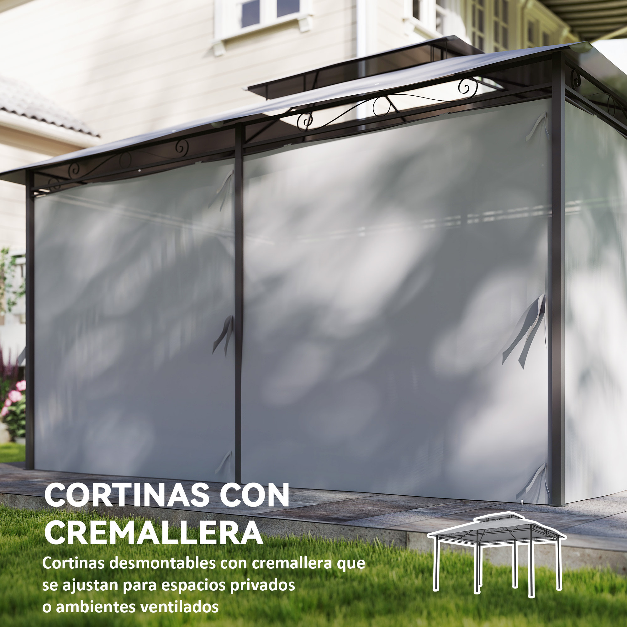 Cenador para Jardín 3x4 m, Pabellón de Jardín, Gazebo con Doble Techo, 6 Paredes Laterales, Estructura Metálica, Drenaje, Carpa para Exterior, Terraza, Patio, Gris Oscuro