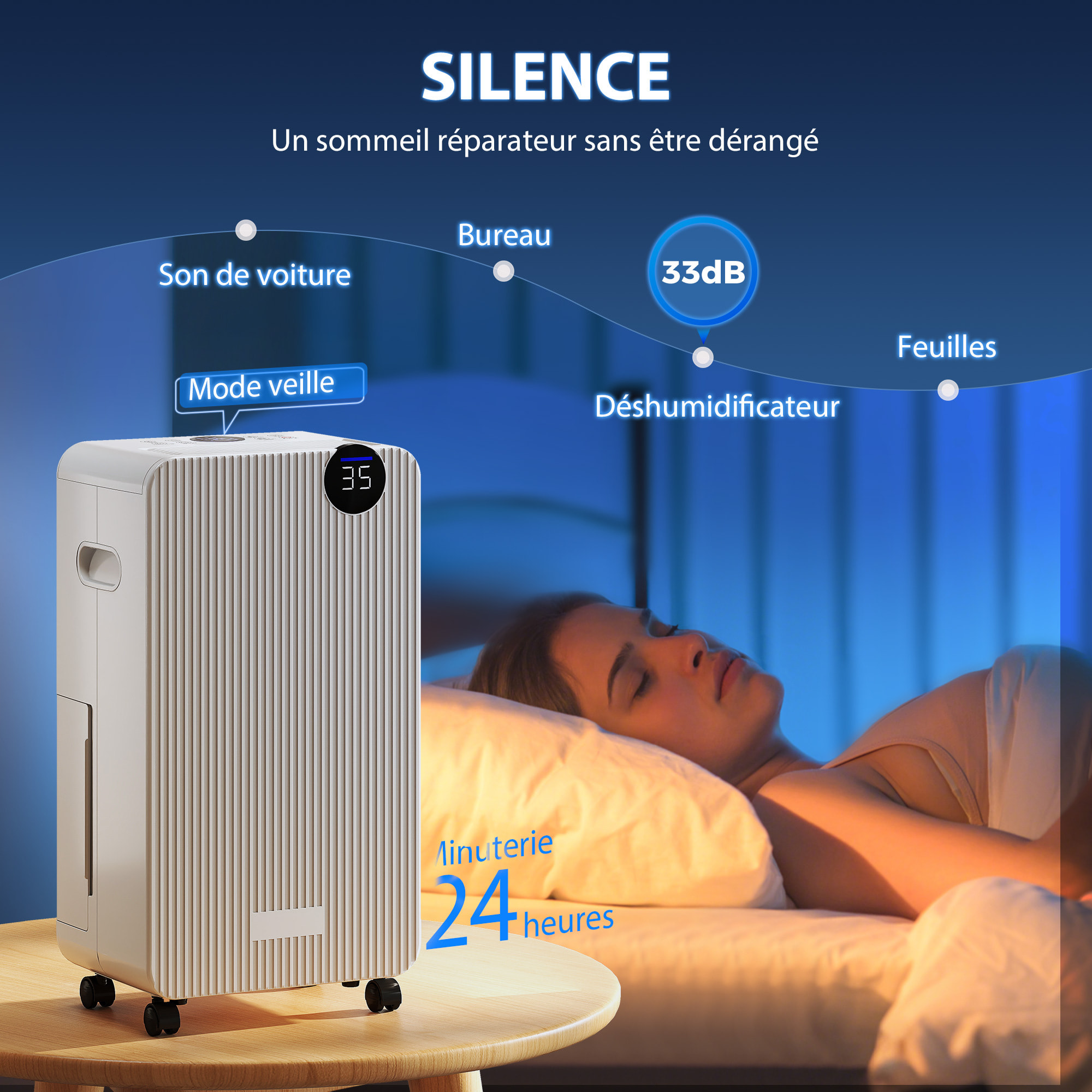 Déshumidificateur d'air 12L/jour mobile silencieux réservoir 2,1L timer 24H écran LED témoin d'humidité filtre lavable