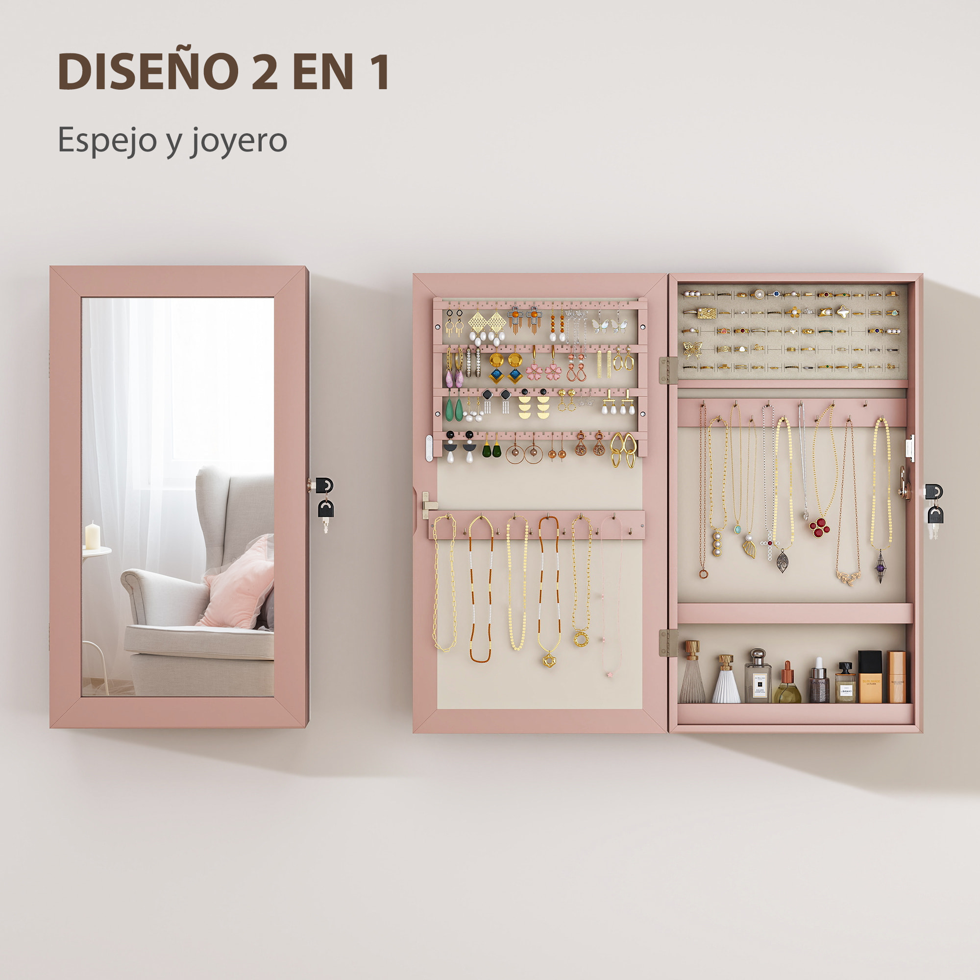 Espejo Joyero de Pared Armario para Joyas con Cerradura y Varios Compartimentos Montar en Pared o Puerta para Pendiente Collar Anillo Pulsera Rosa y Forro Beige